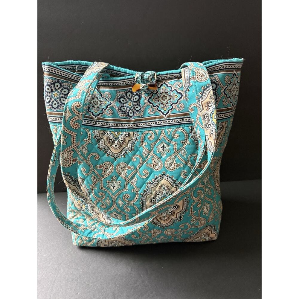 Vera Bradley Teal Lime Green Blue Tote Quilted Shoulder Bag Inside Pocket Preppy